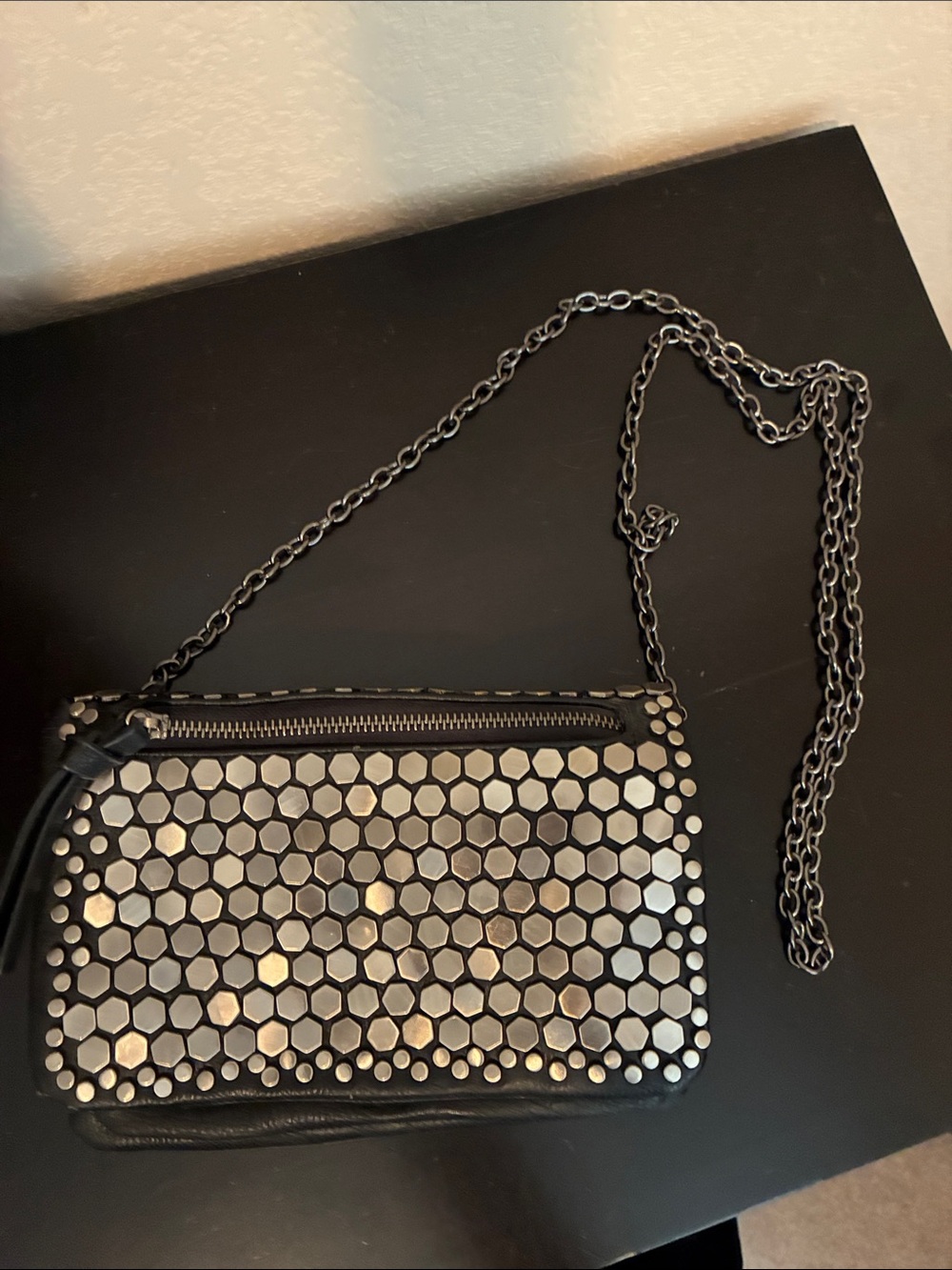 Metropark Black Crossbody with Silver Hexagon Stud Pattern and Chain Strap